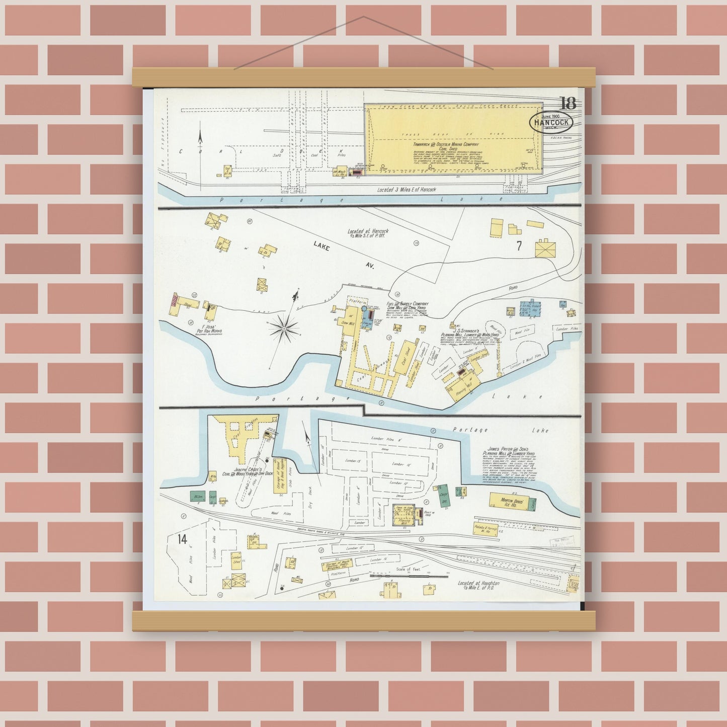 Old map wall art mockup — magnetic wood frame on brick wall — Sanborn Fire Insurance Map from Houghton, Houghton County, Michigan (1900), Sheet #0018