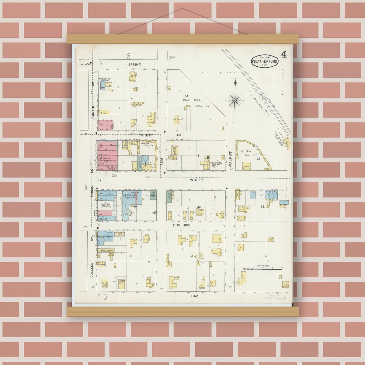 Old map wall art mockup — magnetic wood frame on brick wall — Sanborn Fire Insurance Map from Weatherford, Parker County, Texas (1894), Sheet #0004