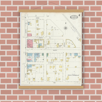 Old map wall art mockup — magnetic wood frame on brick wall — Sanborn Fire Insurance Map from Weatherford, Parker County, Texas (1894), Sheet #0004