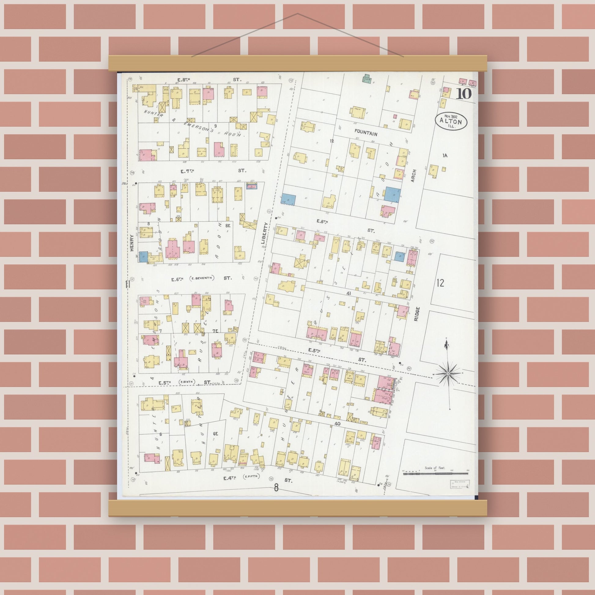 Old map wall art mockup — magnetic wood frame on brick wall — Sanborn Fire Insurance Map from Alton, Madison County, Illinois (1902), Sheet #0010