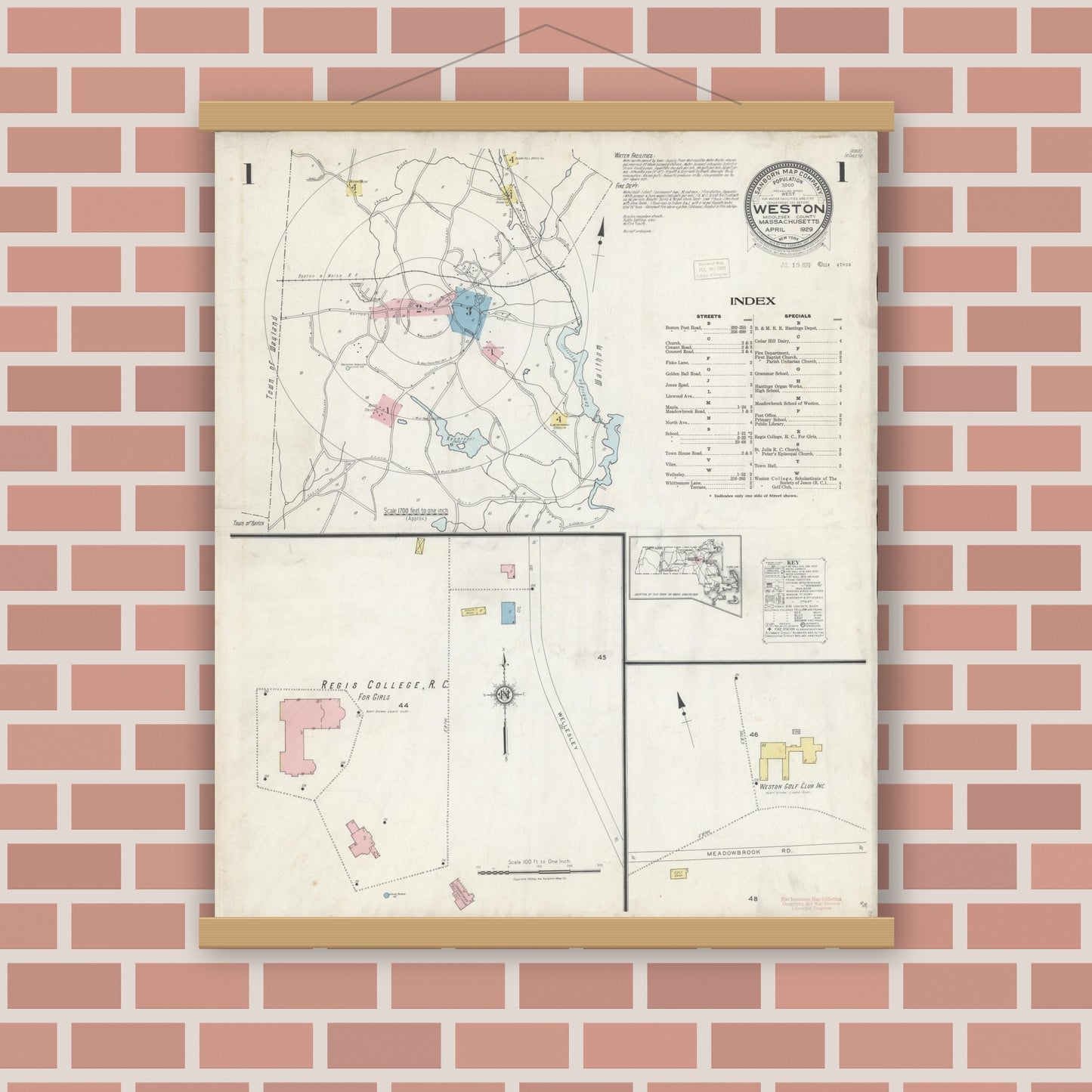 Old map wall art mockup — magnetic wood frame on brick wall — Sanborn Fire Insurance Map from Weston, Middlesex County, Massachusetts (1929) - Complete Map Set