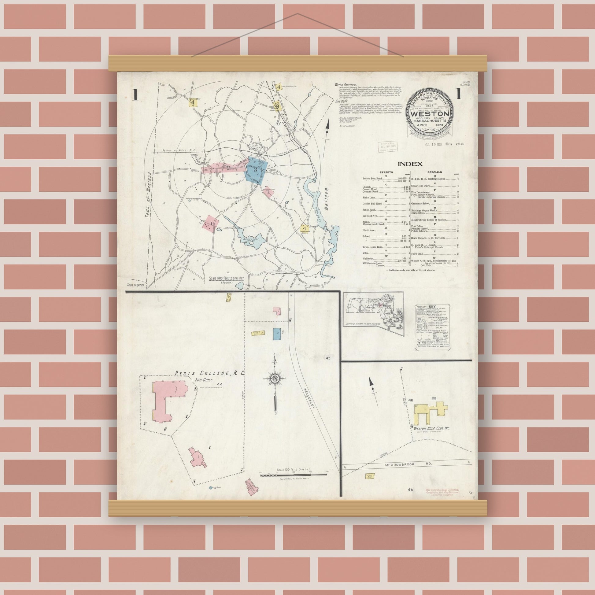 Old map wall art mockup — magnetic wood frame on brick wall — Sanborn Fire Insurance Map from Weston, Middlesex County, Massachusetts (1929) - Complete Map Set