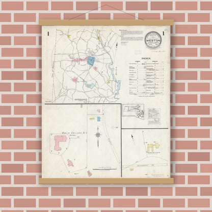 Old map wall art mockup — magnetic wood frame on brick wall — Sanborn Fire Insurance Map from Weston, Middlesex County, Massachusetts (1929) - Complete Map Set