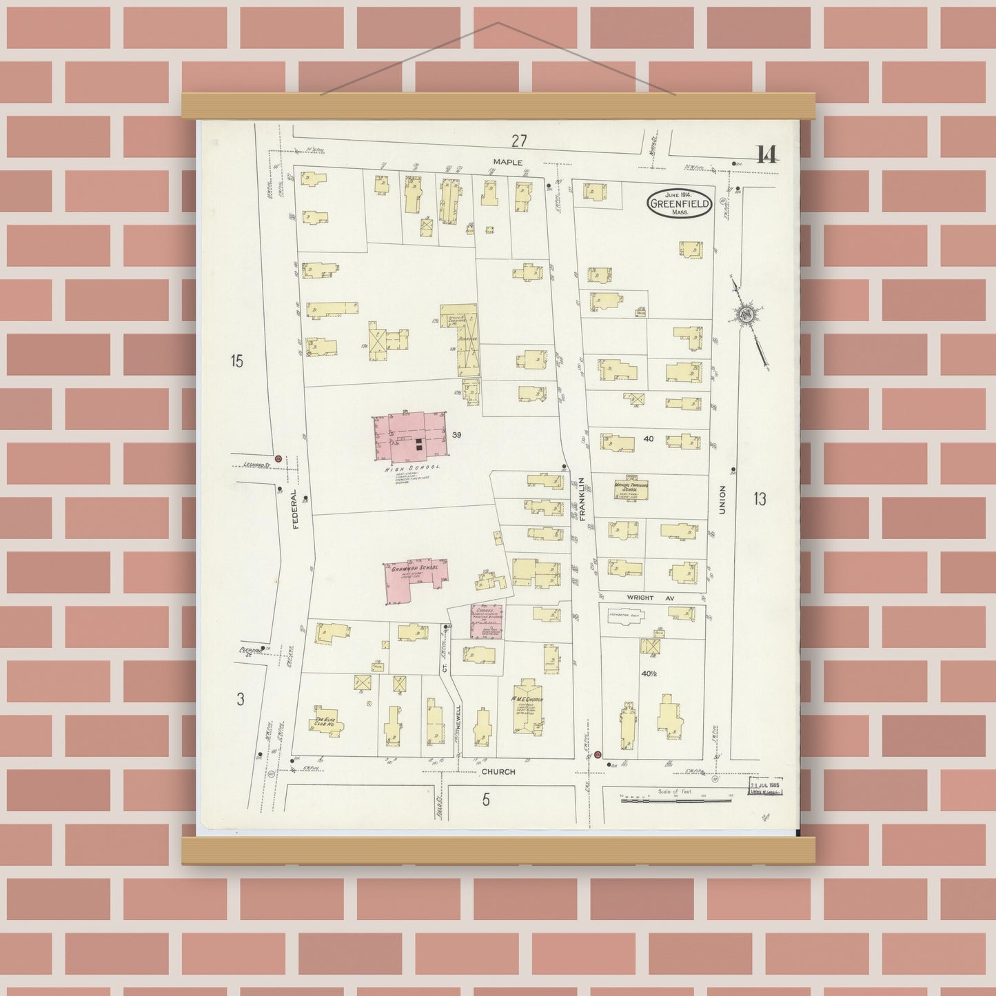 Old map wall art mockup — magnetic wood frame on brick wall — Sanborn Fire Insurance Map from Greenfield, Franklin County, Massachusetts (1914), Sheet #0014