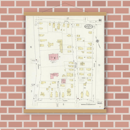 Old map wall art mockup — magnetic wood frame on brick wall — Sanborn Fire Insurance Map from Greenfield, Franklin County, Massachusetts (1914), Sheet #0014