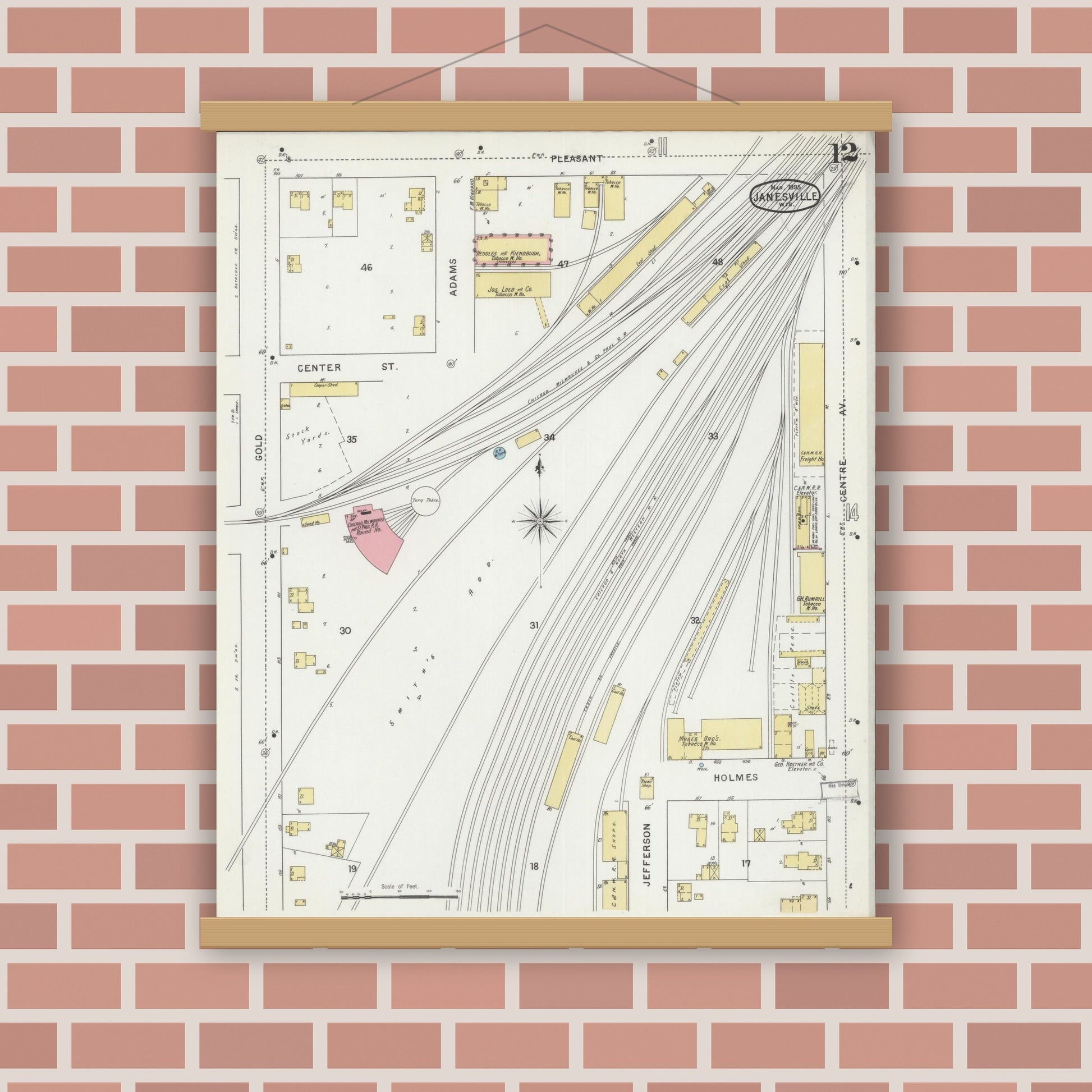 Old map wall art mockup — magnetic wood frame on brick wall — Sanborn Fire Insurance Map from Janesville, Rock County, Wisconsin (1895), Sheet #0012