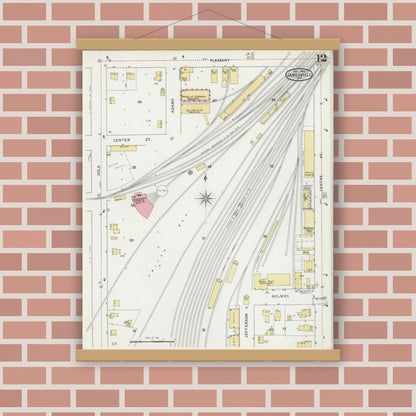 Old map wall art mockup — magnetic wood frame on brick wall — Sanborn Fire Insurance Map from Janesville, Rock County, Wisconsin (1895), Sheet #0012