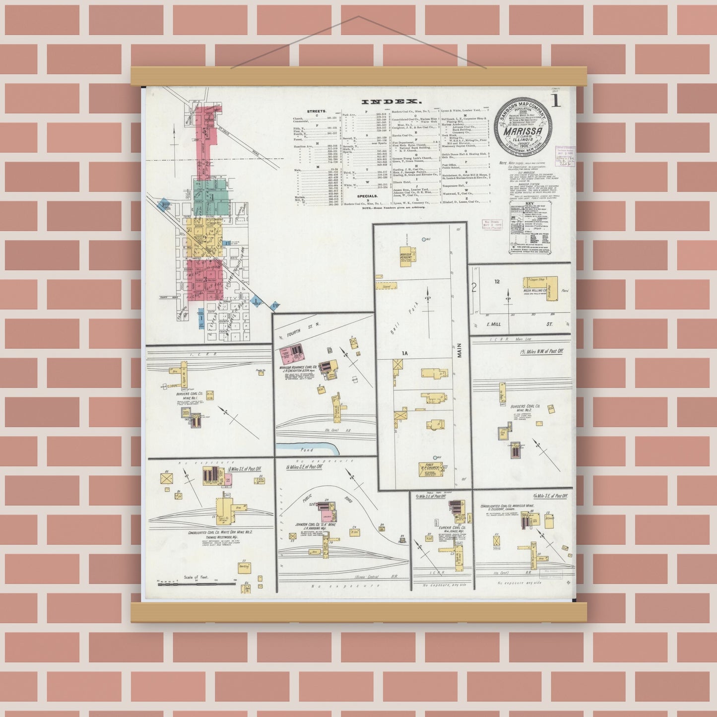 Old map wall art mockup — magnetic wood frame on brick wall — Sanborn Fire Insurance Map from Marissa, Saint Clair County, Illinois (1906) - Complete Map Set