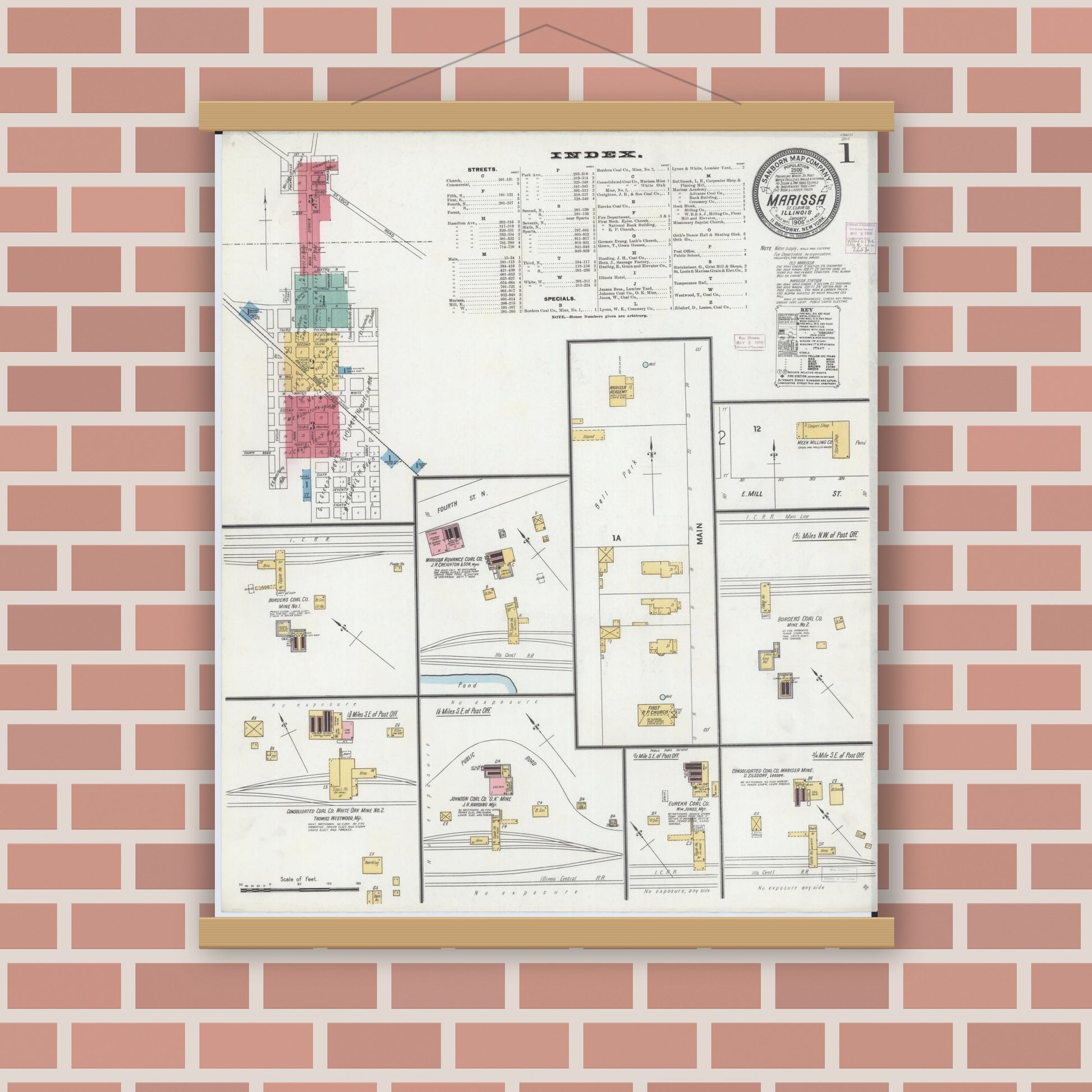 Old map wall art mockup — magnetic wood frame on brick wall — Sanborn Fire Insurance Map from Marissa, Saint Clair County, Illinois (1906) - Complete Map Set