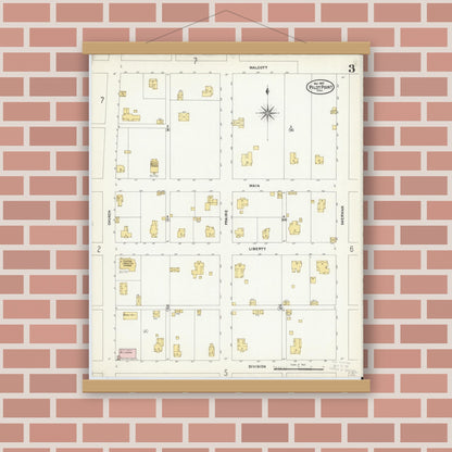 Old map wall art mockup — magnetic wood frame on brick wall — Sanborn Fire Insurance Map from Pilot Point, Denton County, Texas (1907), Sheet #0003