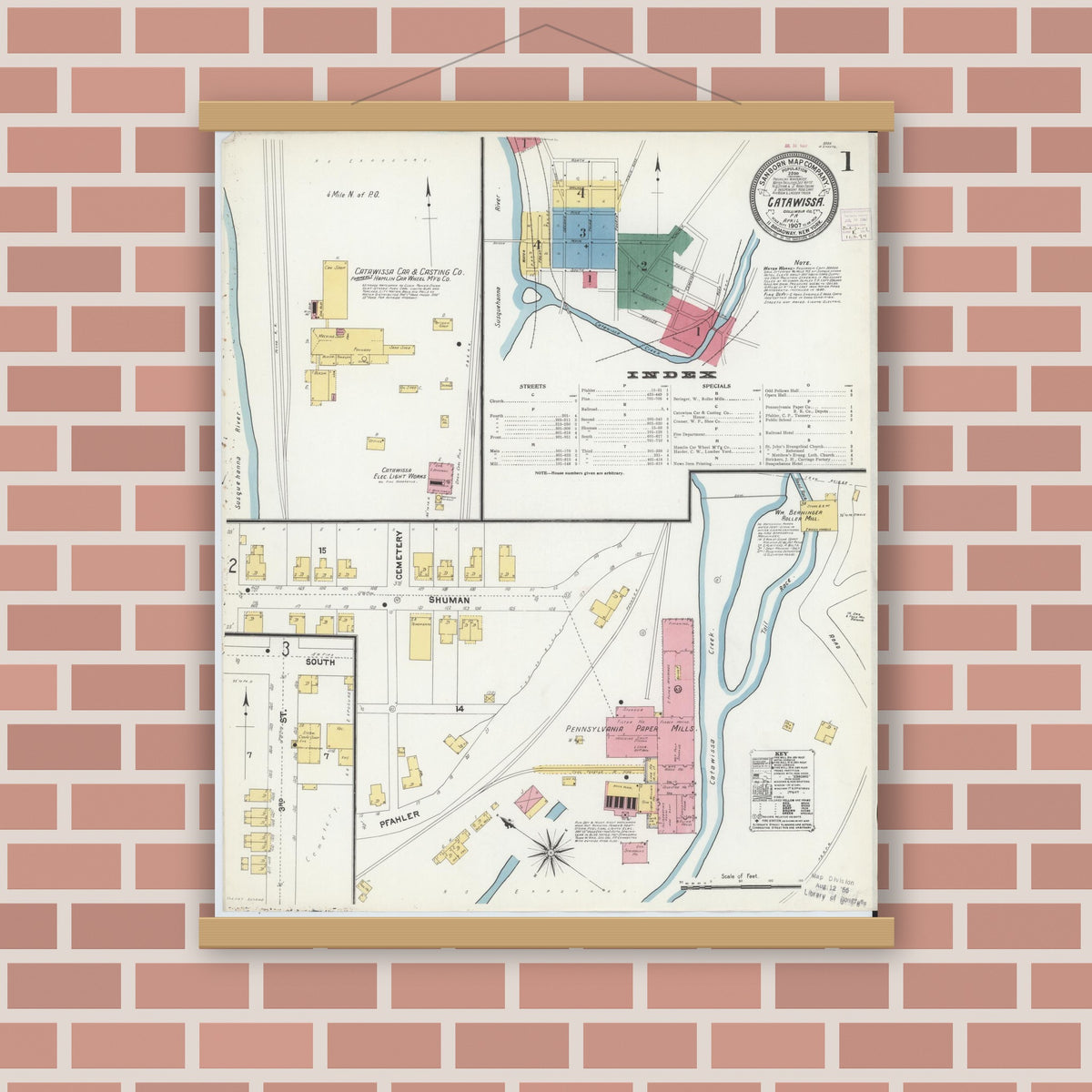 Old map wall art mockup — magnetic wood frame on brick wall — Sanborn Fire Insurance Map from Catawissa, Columbia County, Pennsylvania (1907) - Complete Map Set