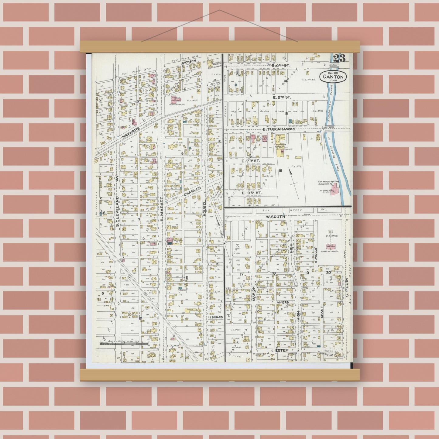 Old map wall art mockup — magnetic wood frame on brick wall — Sanborn Fire Insurance Map from Canton, Stark County, Ohio (1891), Sheet #0023