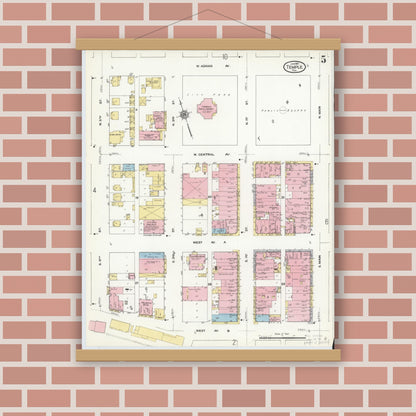Old map wall art mockup — magnetic wood frame on brick wall — Sanborn Fire Insurance Map from Temple, Bell County, Texas (1910), Sheet #0005