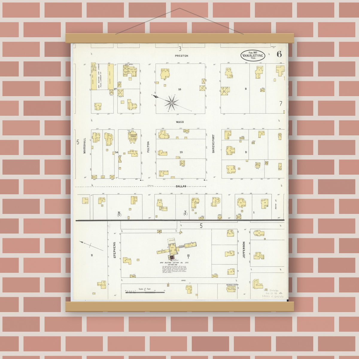 Old map wall art mockup — magnetic wood frame on brick wall — Sanborn Fire Insurance Map from Van Alstyne, Grayson County, Texas (1907), Sheet #0006