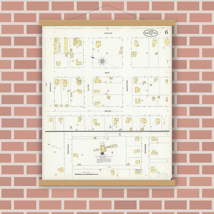 Old map wall art mockup — magnetic wood frame on brick wall — Sanborn Fire Insurance Map from Van Alstyne, Grayson County, Texas (1907), Sheet #0006