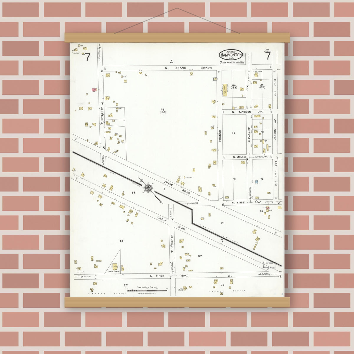 Old map wall art mockup — magnetic wood frame on brick wall — Sanborn Fire Insurance Map from Hammonton, Atlantic County, New Jersey (1923), Sheet #0007