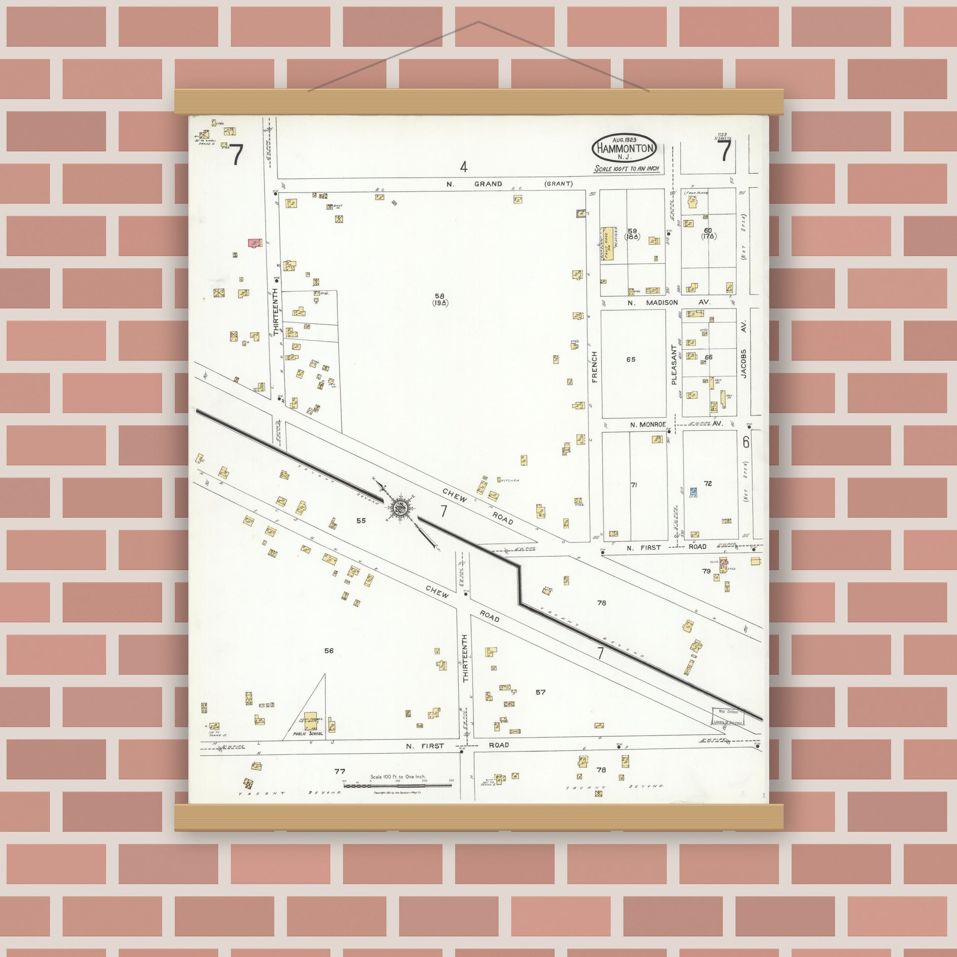 Old map wall art mockup — magnetic wood frame on brick wall — Sanborn Fire Insurance Map from Hammonton, Atlantic County, New Jersey (1923), Sheet #0007