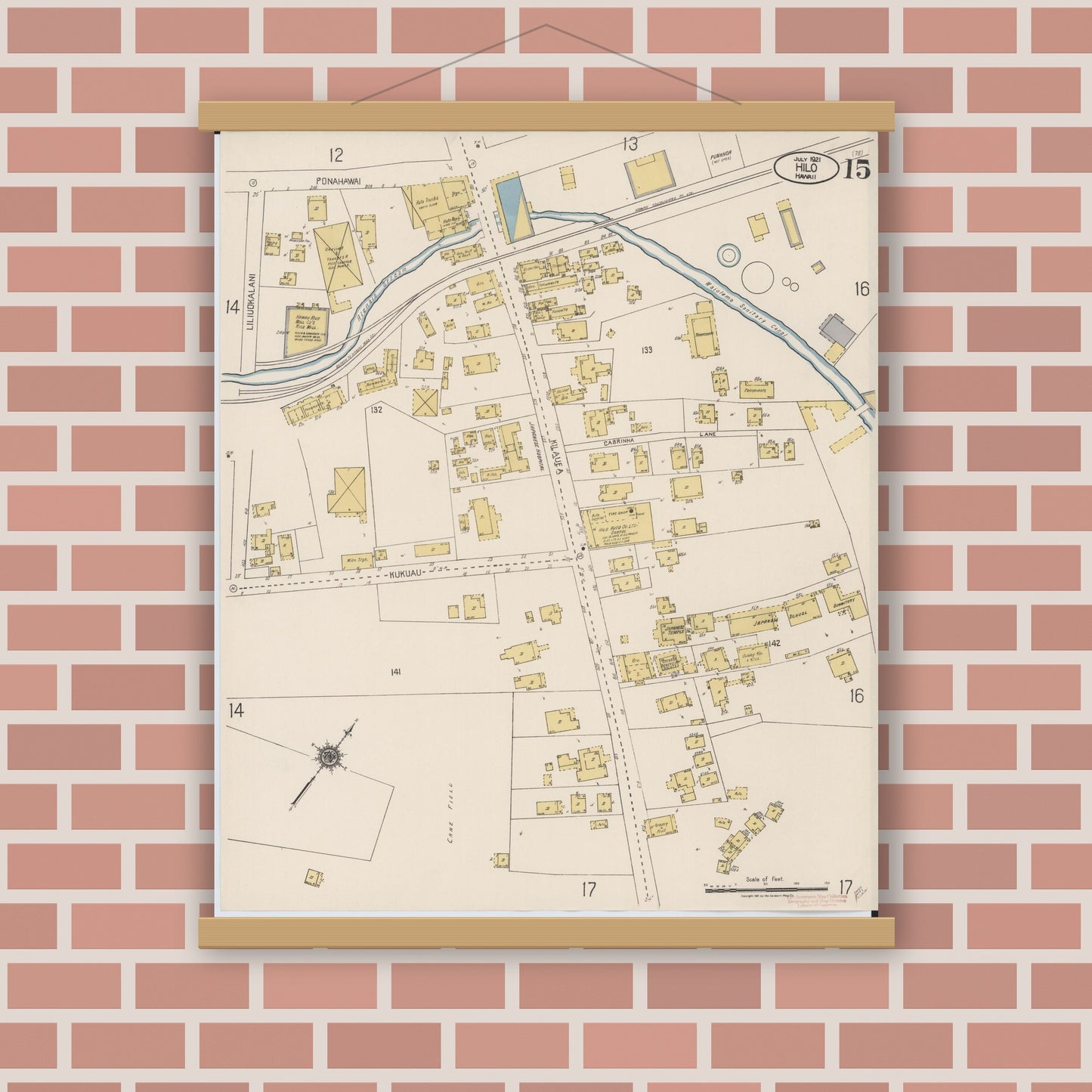 Old map wall art mockup — magnetic wood frame on brick wall — Sanborn Fire Insurance Map from Hilo, Hawaii County, Hawaii (1921), Sheet #0015