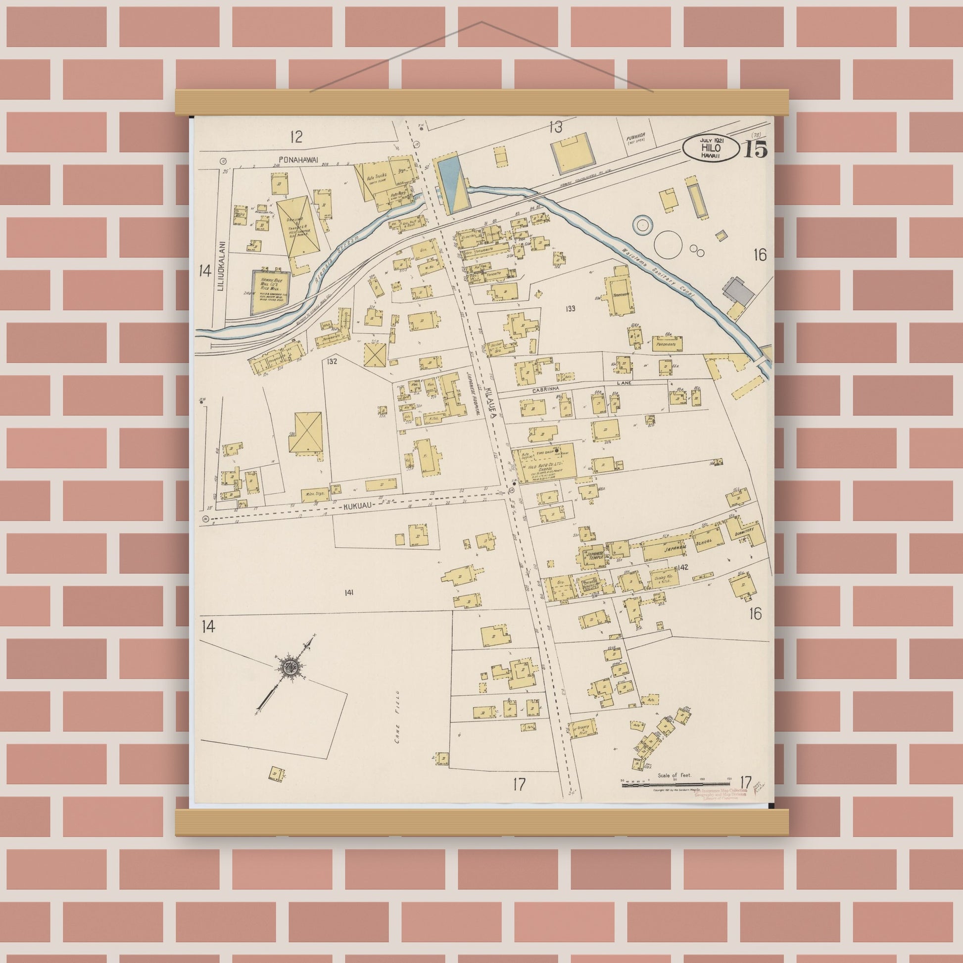 Old map wall art mockup — magnetic wood frame on brick wall — Sanborn Fire Insurance Map from Hilo, Hawaii County, Hawaii (1921), Sheet #0015