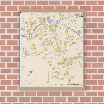 Old map wall art mockup — magnetic wood frame on brick wall — Sanborn Fire Insurance Map from Hilo, Hawaii County, Hawaii (1921), Sheet #0015