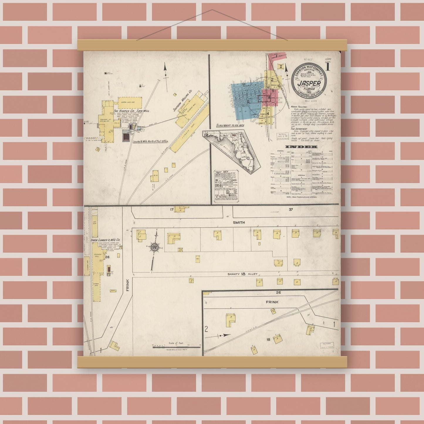 Old map wall art mockup — magnetic wood frame on brick wall — Sanborn Fire Insurance Map from Jasper, Hamilton County, Florida (1922) - Complete Map Set