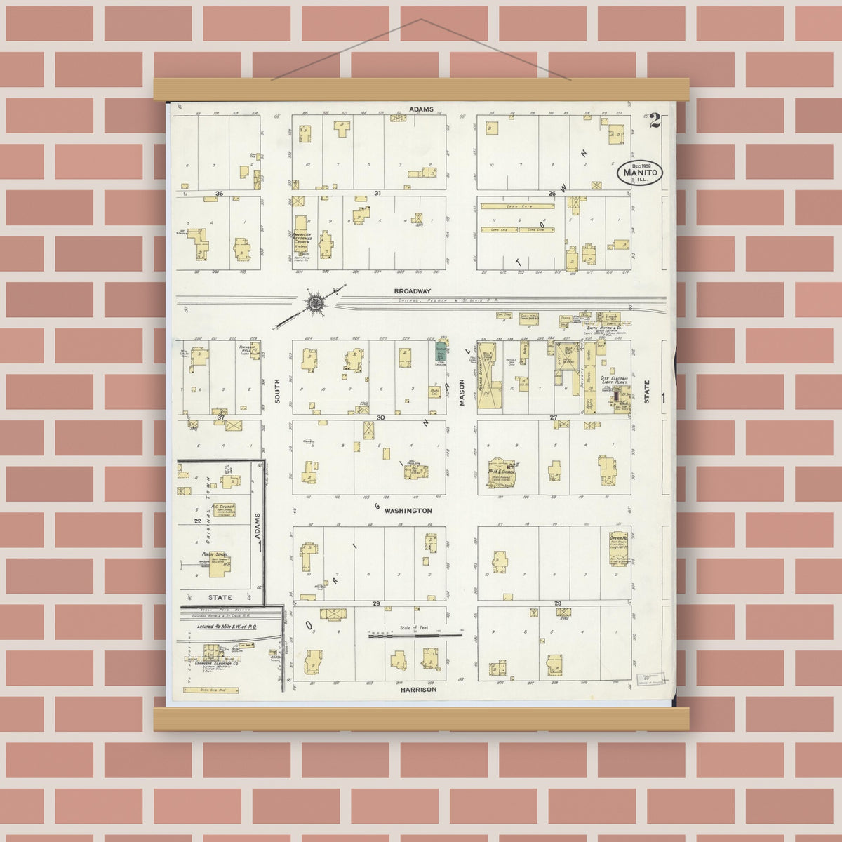 Old map wall art mockup — magnetic wood frame on brick wall — Sanborn Fire Insurance Map from Manito, Mason County, Illinois (1909), Sheet #0002