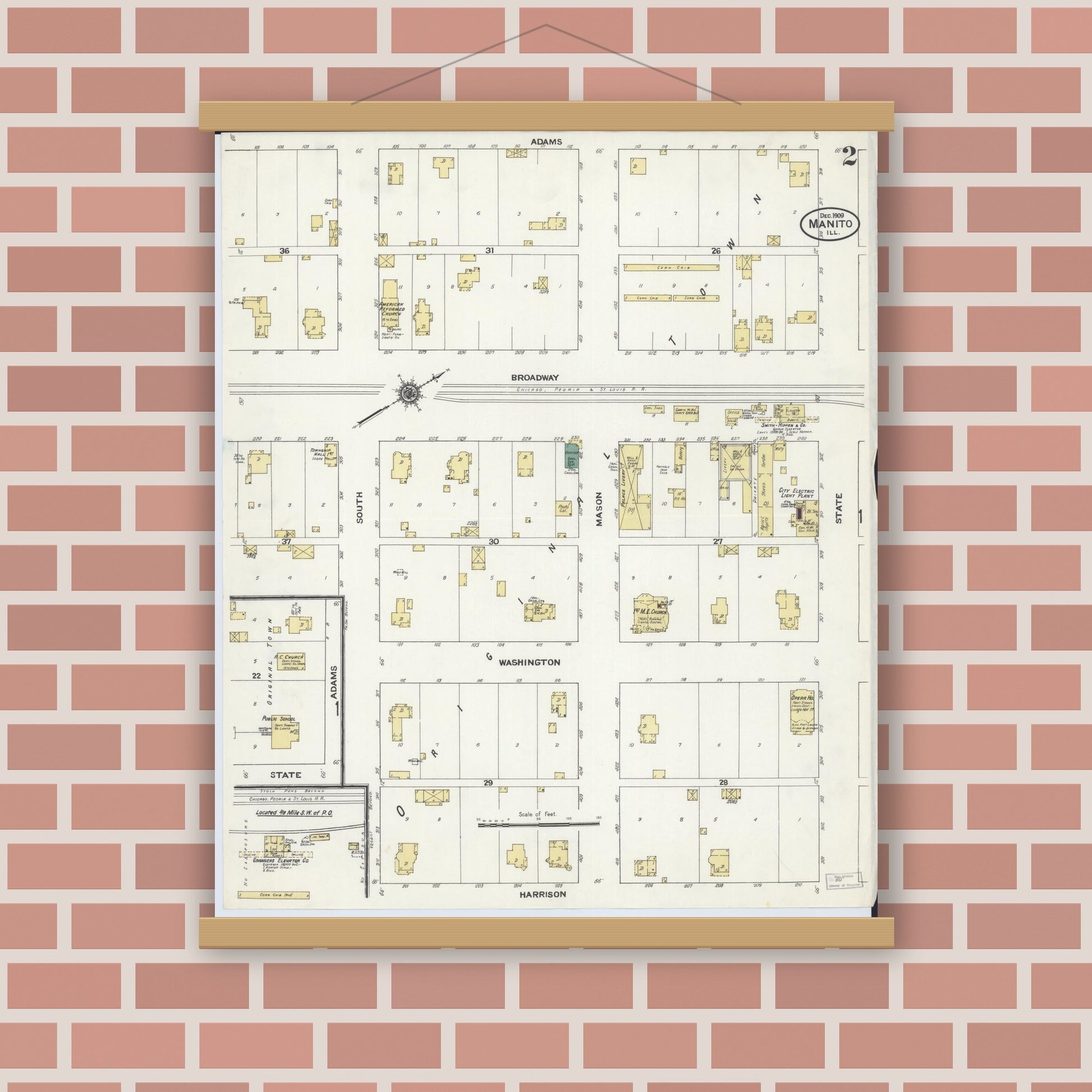 Old map wall art mockup — magnetic wood frame on brick wall — Sanborn Fire Insurance Map from Manito, Mason County, Illinois (1909), Sheet #0002