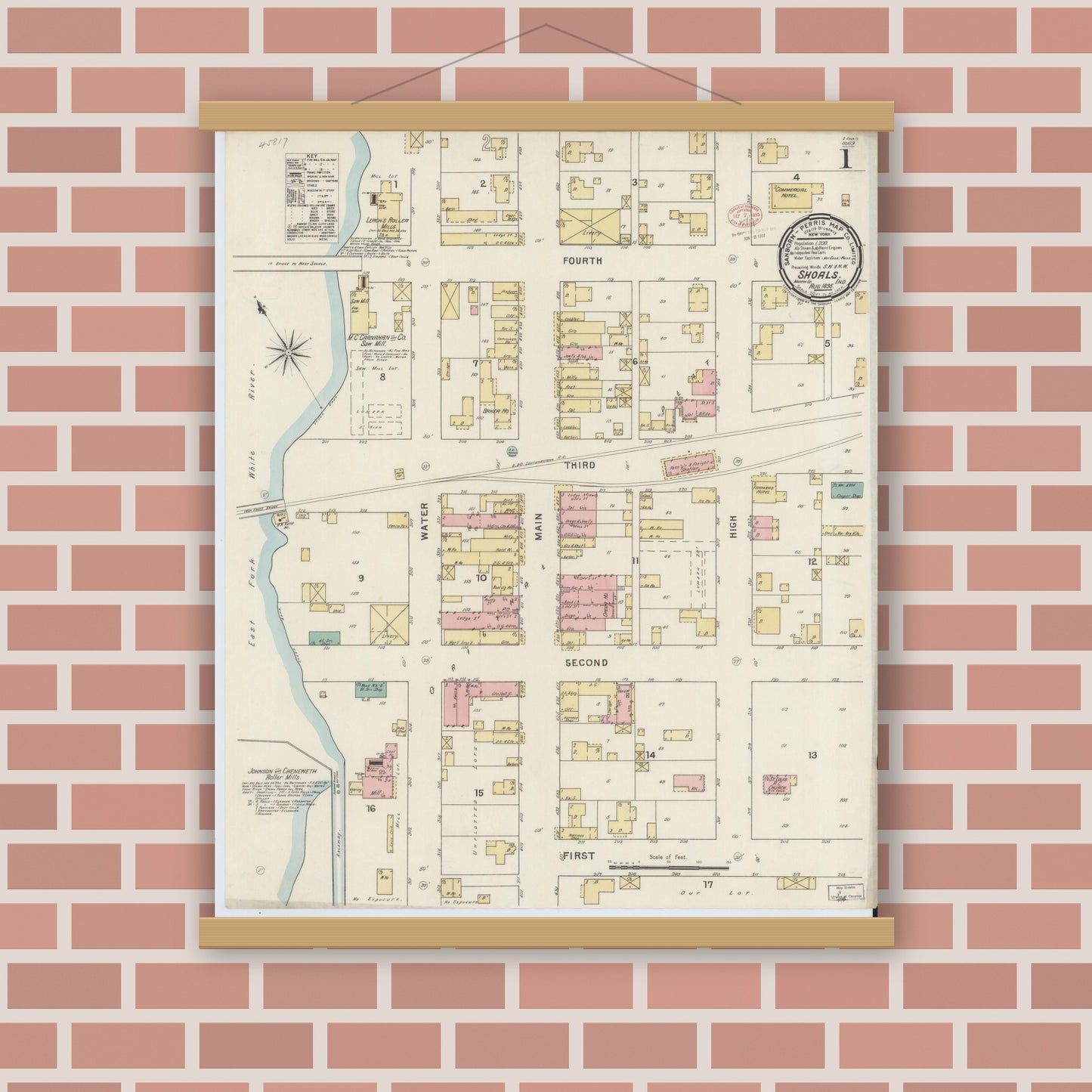 Old map wall art mockup — magnetic wood frame on brick wall — Sanborn Fire Insurance Map from Shoals, Martin County, Indiana (1895) - Complete Map Set