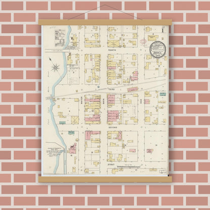 Old map wall art mockup — magnetic wood frame on brick wall — Sanborn Fire Insurance Map from Shoals, Martin County, Indiana (1895) - Complete Map Set