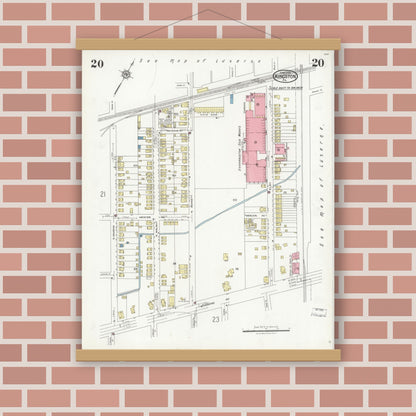Old map wall art mockup — magnetic wood frame on brick wall — Sanborn Fire Insurance Map from Kingston, Luzerne County, Pennsylvania (1925), Sheet #0020