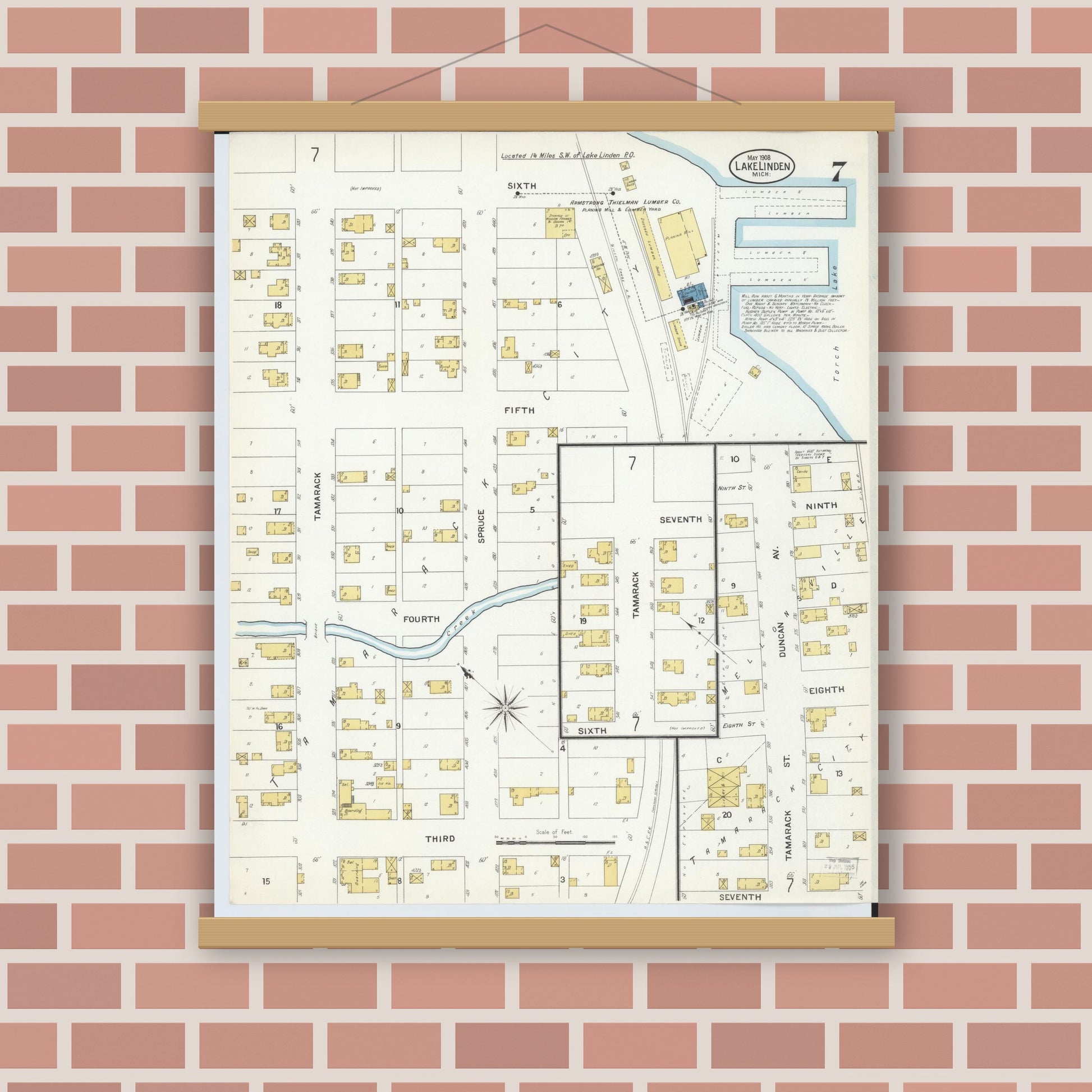 Old map wall art mockup — magnetic wood frame on brick wall — Sanborn Fire Insurance Map from Lake Linden, Houghton County, Michigan (1908), Sheet #0007