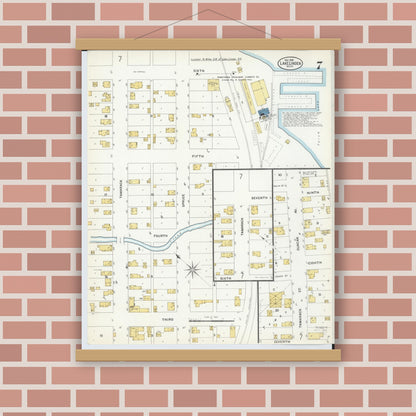 Old map wall art mockup — magnetic wood frame on brick wall — Sanborn Fire Insurance Map from Lake Linden, Houghton County, Michigan (1908), Sheet #0007