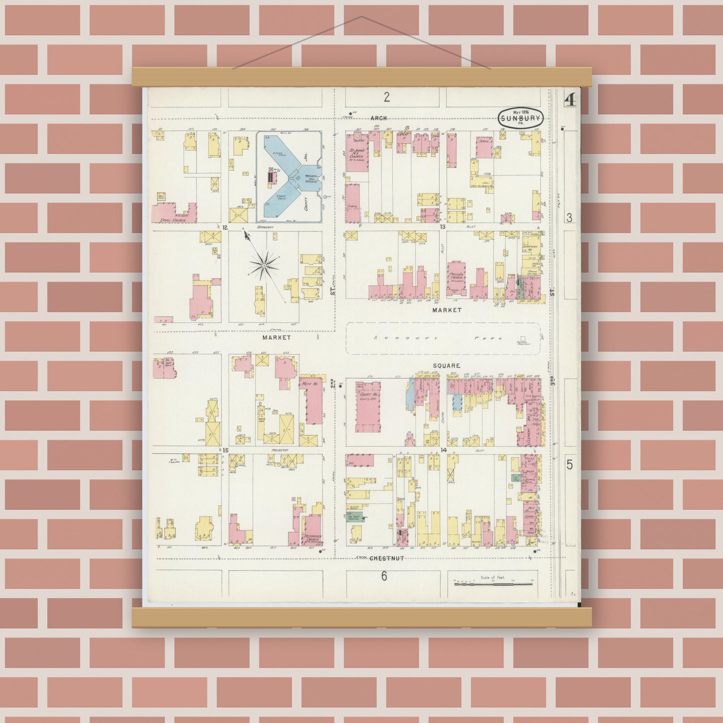 Old map wall art mockup — magnetic wood frame on brick wall — Sanborn Fire Insurance Map from Sunbury, Northumberland County, Pennsylvania (1896), Sheet #0004