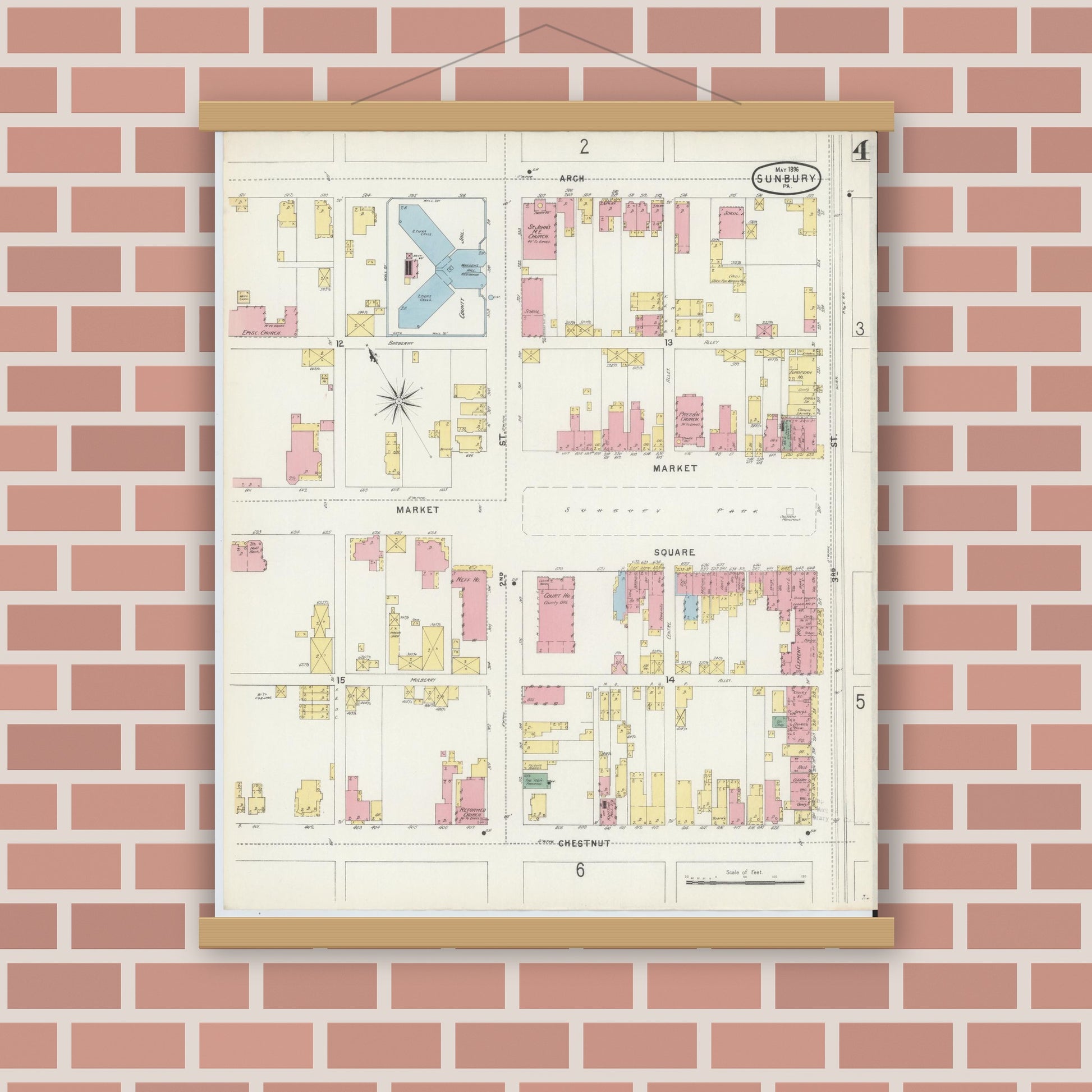 Old map wall art mockup — magnetic wood frame on brick wall — Sanborn Fire Insurance Map from Sunbury, Northumberland County, Pennsylvania (1896), Sheet #0004