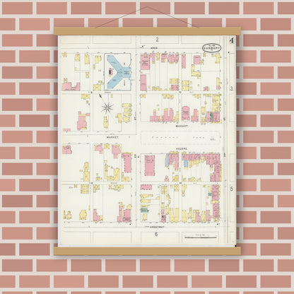 Old map wall art mockup — magnetic wood frame on brick wall — Sanborn Fire Insurance Map from Sunbury, Northumberland County, Pennsylvania (1896), Sheet #0004
