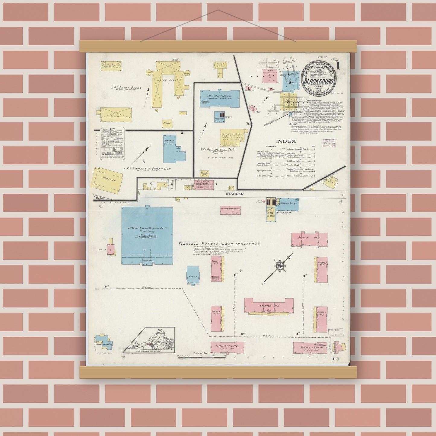 Old map wall art mockup — magnetic wood frame on brick wall — Sanborn Fire Insurance Map from Blacksburg, Montgomery County, Virginia (1915), Sheet #0001