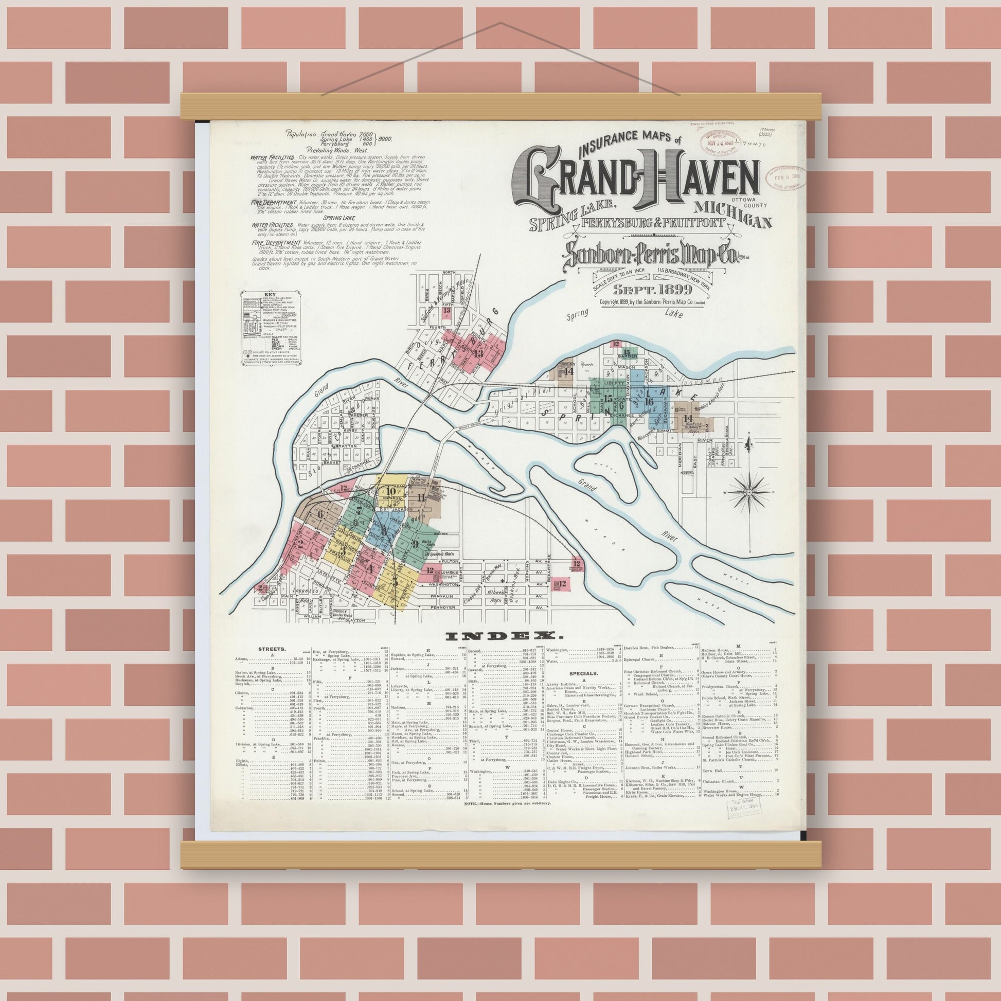 Old map wall art mockup — magnetic wood frame on brick wall — Sanborn Fire Insurance Map from Grand Haven, Ottawa County, Michigan (1899) - Complete Map Set