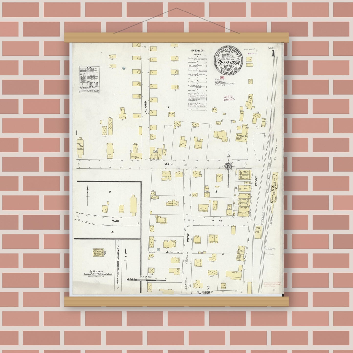 Old map wall art mockup — magnetic wood frame on brick wall — Sanborn Fire Insurance Map from Patterson, Putnam County, New York (1910) - Complete Map Set