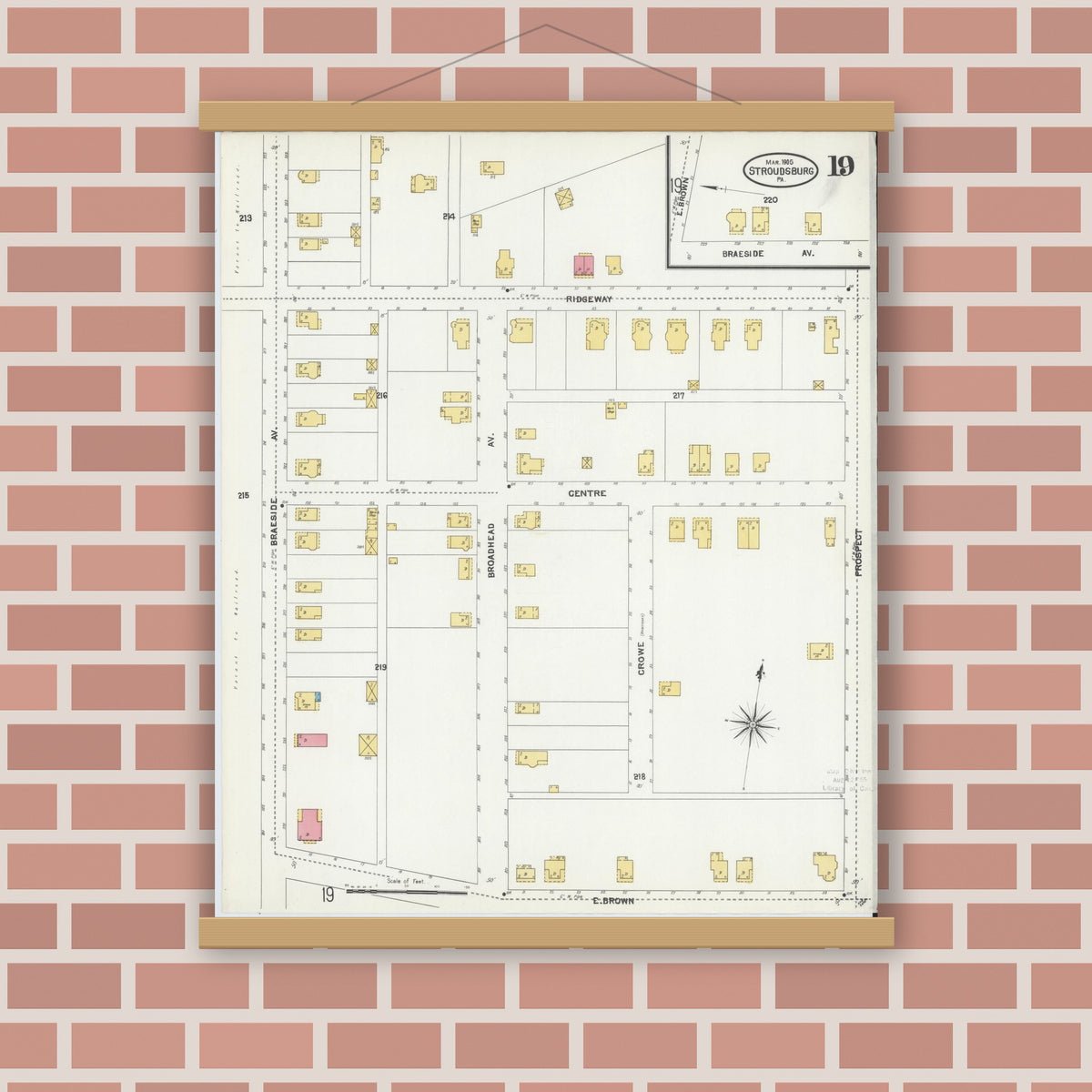 Old map wall art mockup — magnetic wood frame on brick wall — Sanborn Fire Insurance Map from Stroudsburg, Monroe County, Pennsylvania (1905), Sheet #0019