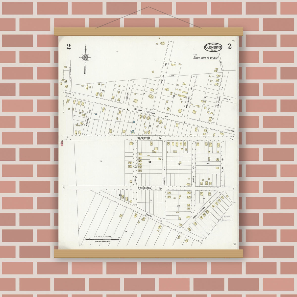 Old map wall art mockup — magnetic wood frame on brick wall — Sanborn Fire Insurance Map from Clementon, Camden County, New Jersey (1924), Sheet #0002