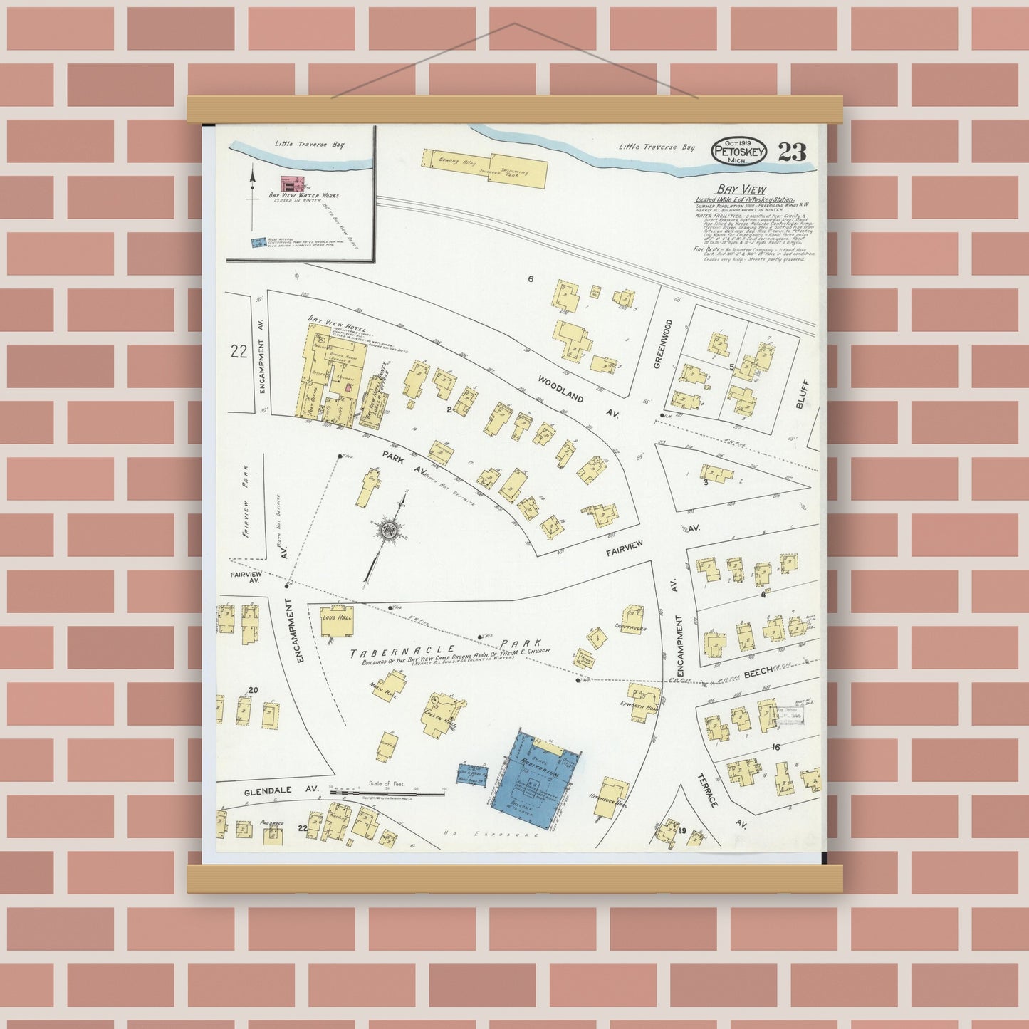 Old map wall art mockup — magnetic wood frame on brick wall — Sanborn Fire Insurance Map from Petoskey, Emmet County, Michigan (1919), Sheet #0023
