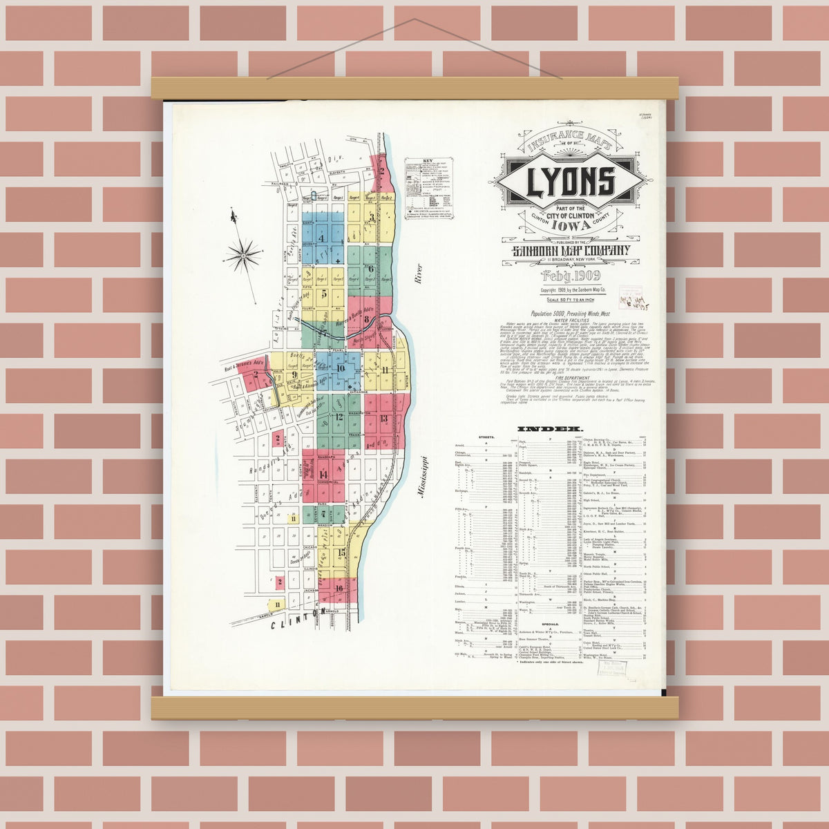 Old map wall art mockup — magnetic wood frame on brick wall — Sanborn Fire Insurance Map from Lyons, Clinton County, Iowa (1909) â€” Complete Set