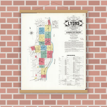 Old map wall art mockup — magnetic wood frame on brick wall — Sanborn Fire Insurance Map from Lyons, Clinton County, Iowa (1909) â€” Complete Set