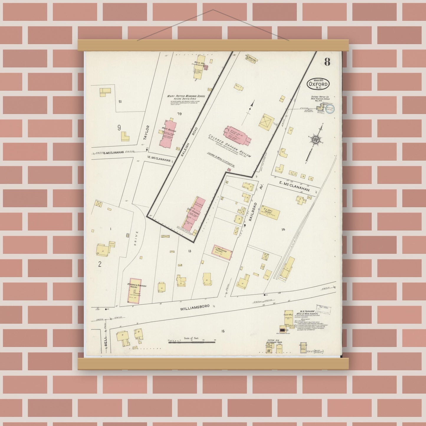 Old map wall art mockup — magnetic wood frame on brick wall — Sanborn Fire Insurance Map from Oxford, Granville County, North Carolina (1915), Sheet #0008