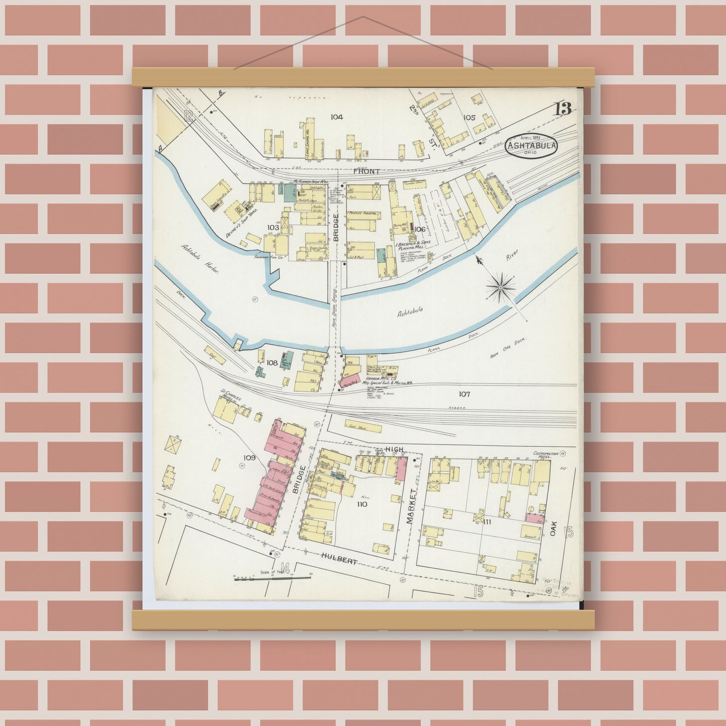 Old map wall art mockup — magnetic wood frame on brick wall — Sanborn Fire Insurance Map from Ashtabula, Ashtabula County, Ohio (1893), Sheet #0013