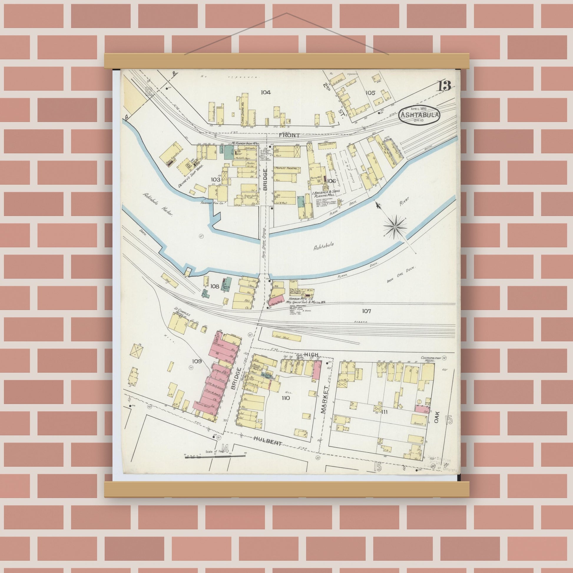 Old map wall art mockup — magnetic wood frame on brick wall — Sanborn Fire Insurance Map from Ashtabula, Ashtabula County, Ohio (1893), Sheet #0013