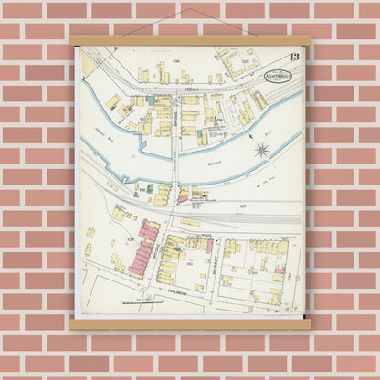 Old map wall art mockup — magnetic wood frame on brick wall — Sanborn Fire Insurance Map from Ashtabula, Ashtabula County, Ohio (1893), Sheet #0013