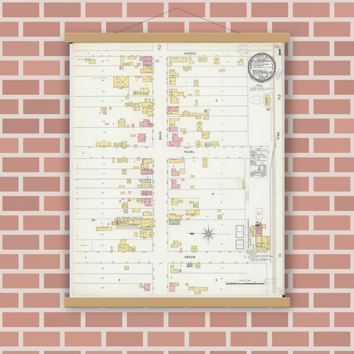 Old map wall art mockup — magnetic wood frame on brick wall — Sanborn Fire Insurance Map from Teutopolis, Effingham County, Illinois (1898) - Complete Map Set