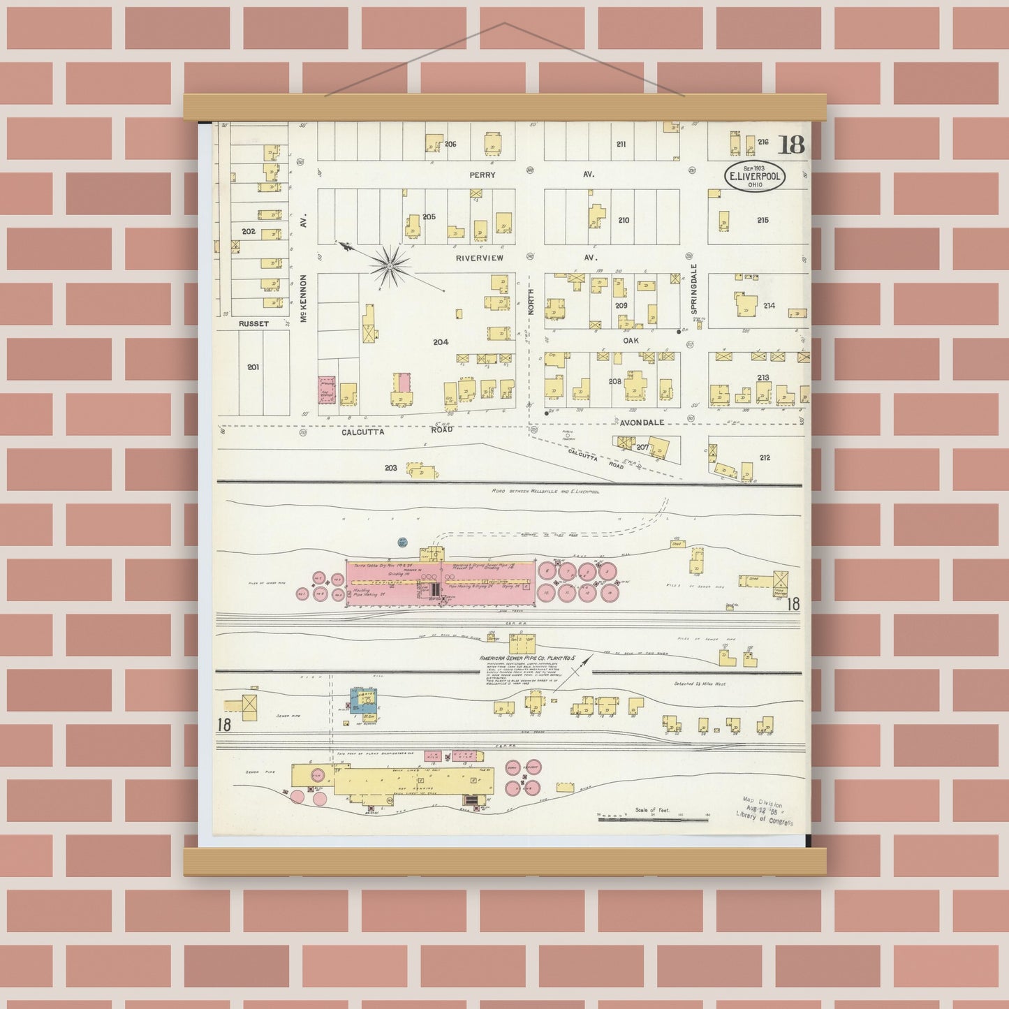 Old map wall art mockup — magnetic wood frame on brick wall — Sanborn Fire Insurance Map from East Liverpool, Columbiana County, Ohio (1903), Sheet #0018