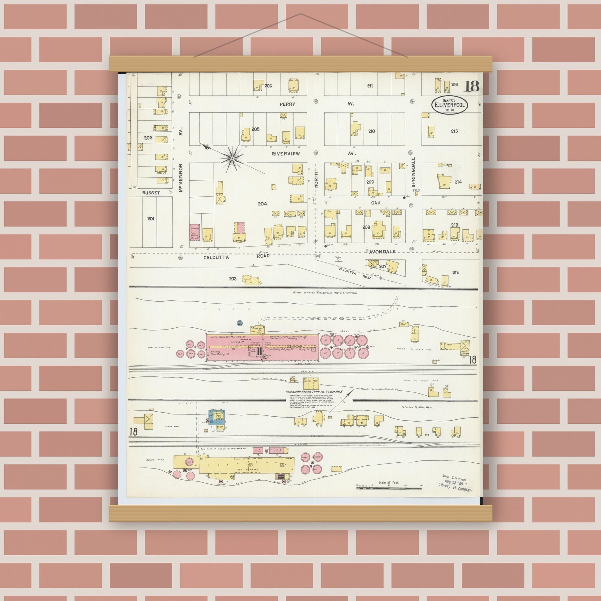 Old map wall art mockup — magnetic wood frame on brick wall — Sanborn Fire Insurance Map from East Liverpool, Columbiana County, Ohio (1903), Sheet #0018